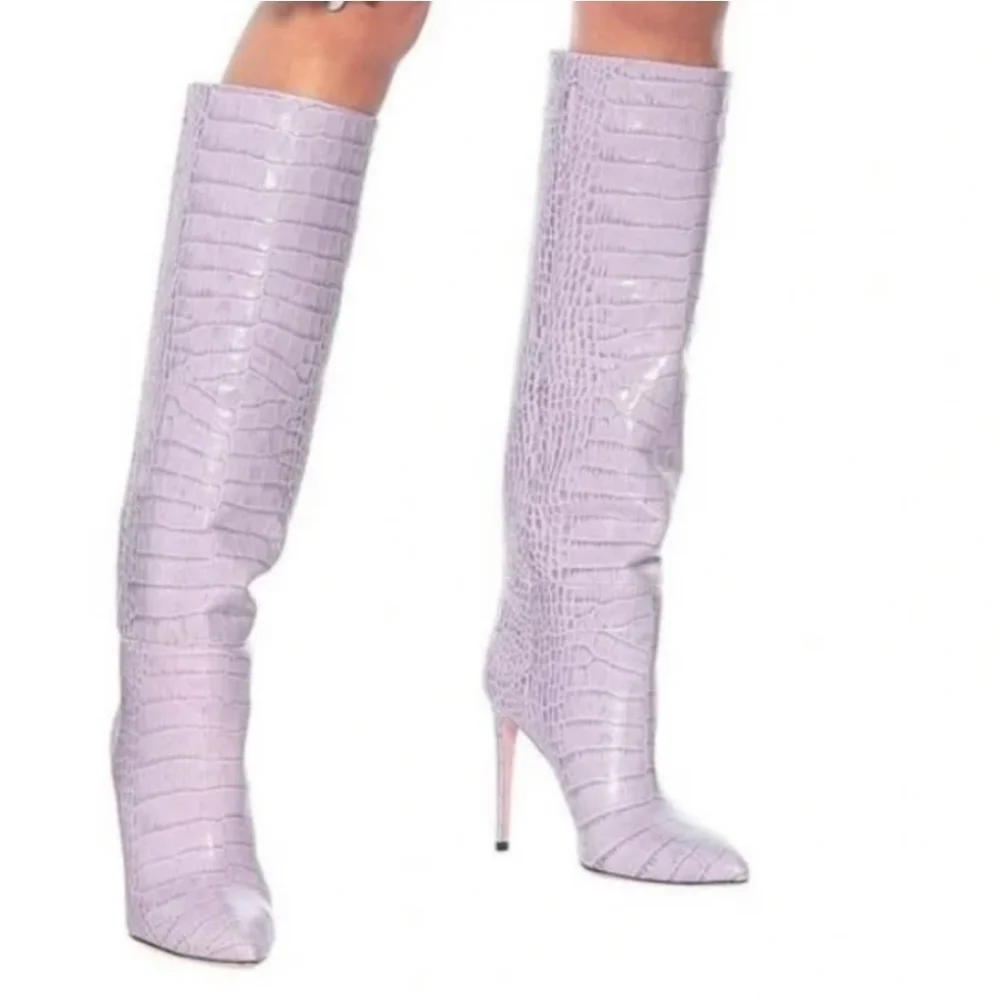Paris Texas lilac embosed croco Stiletto knee high boots - Picture 4 of 14